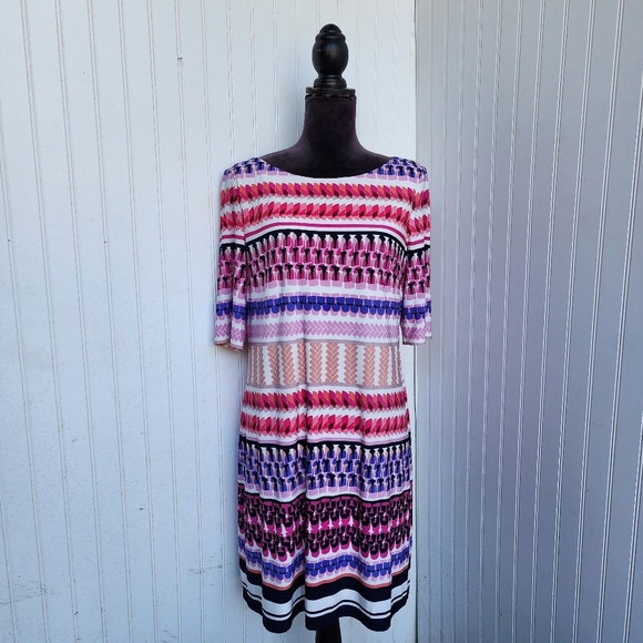 Eliza J Womens Geo Print Shift Dress Short Sleeve Purple Pink White Lined Sz 16 - Picture 1 of 14